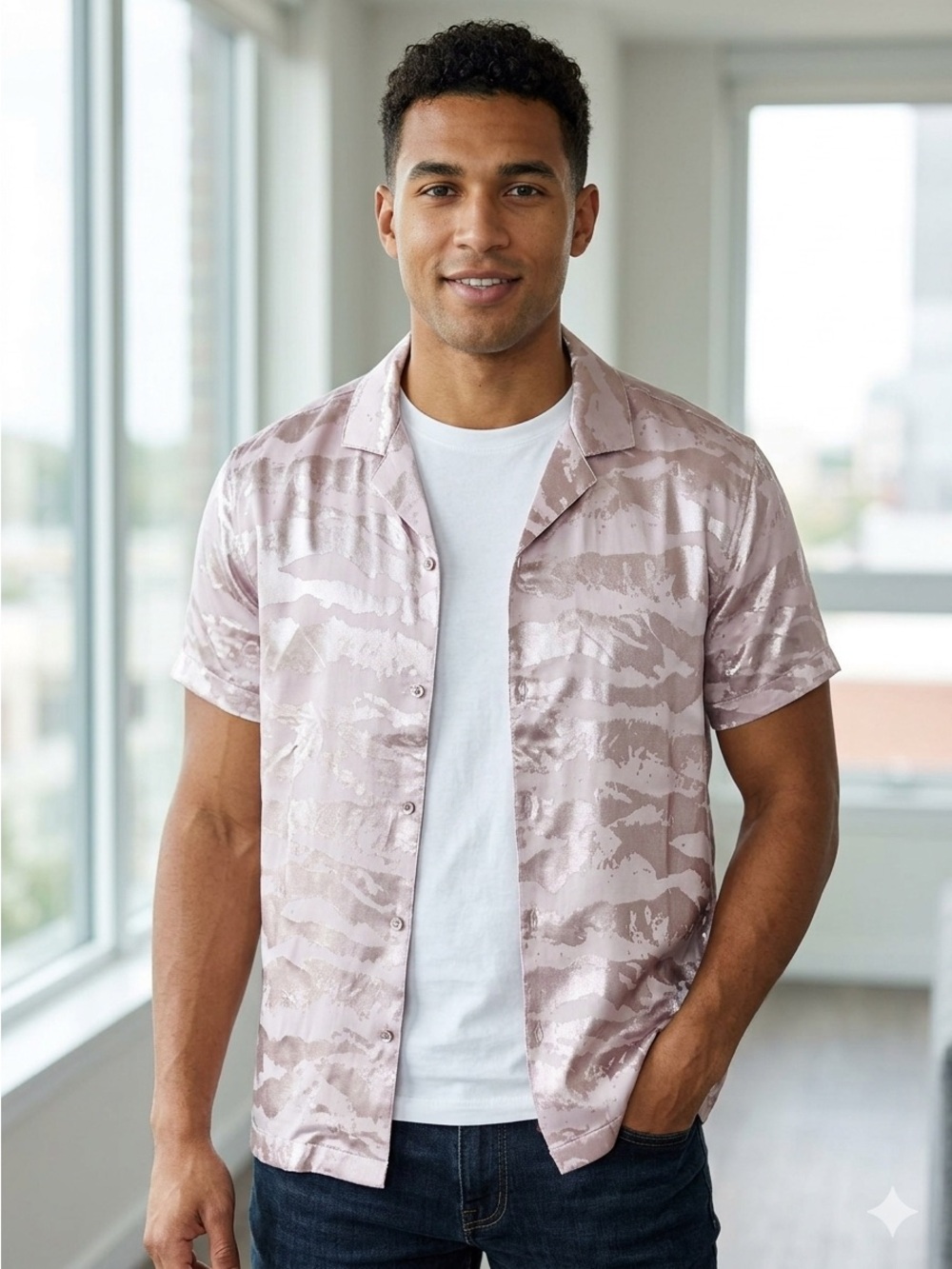 Forever 21 Men's Short-Sleeve Button-Down Shirt in Lilac Print
